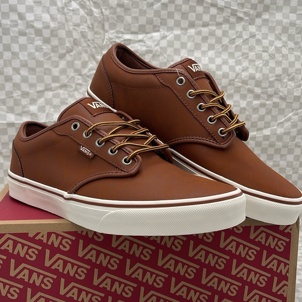 Vans Men’s Brown Leather Sneakers White Accents Atwood (Leather)Brown/Mashmallow - Picture 4 of 16